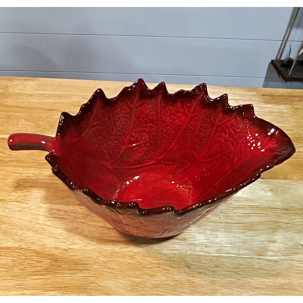 Fall Decor Red Leaf-Shaped Ceramic Decorative Bowl Glossy Finish 13in